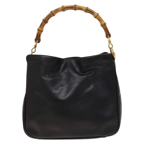 GUCCI Bamboo Shoulder Bag Leather 2way Black Gold - Picture 3 of 16
